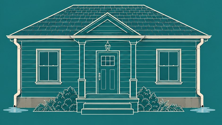 Illustration of the same house with clean gutters and roof, water only coming out of the downspouts