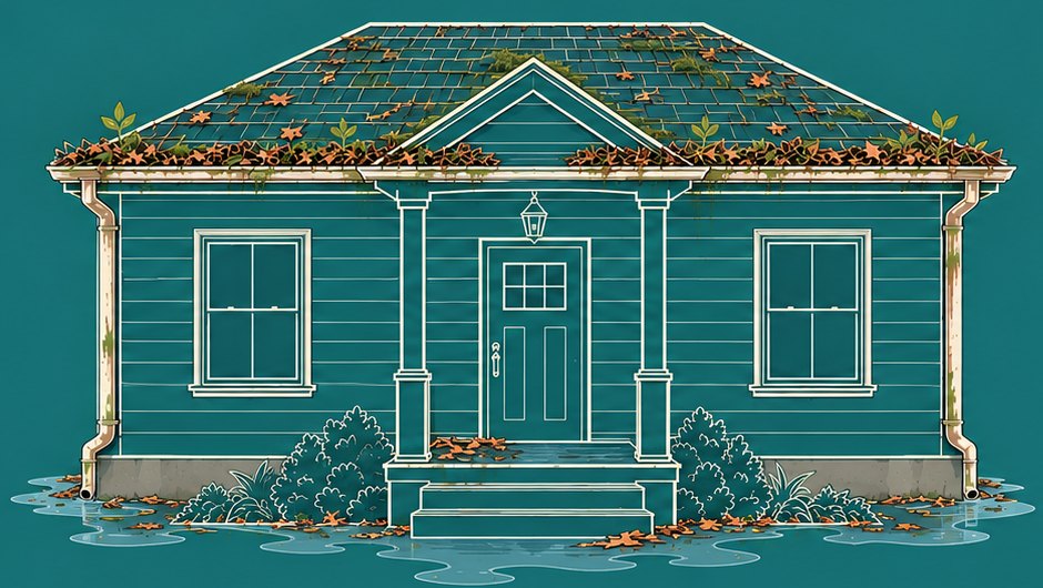 Illustration of a house with clogged gutters and a mossy roof, water pooling at the porch and foundation